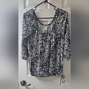 Carol Rose 3/4 Sleeve Black and White Paisley Print with Tie Waist Medium